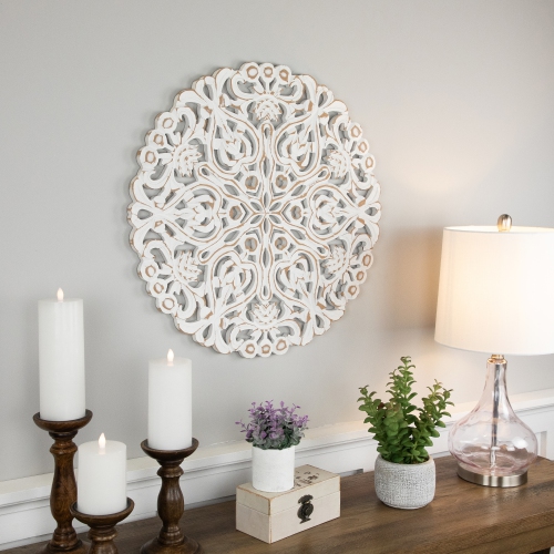 24" Brushed Antique White Damask Round Wall Panel