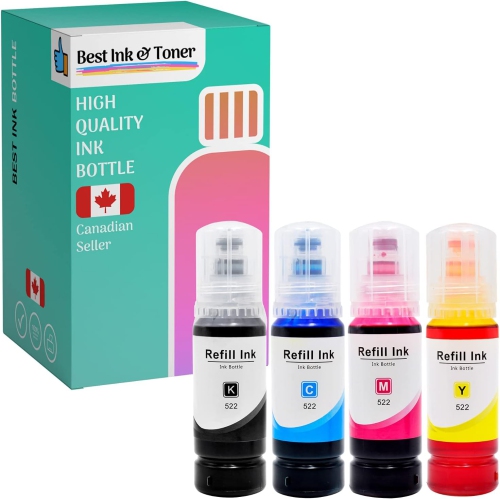 INKHOUSE  Bestink Compatible Ink Bottle Replacements for 522 T522 (1 Black, 1 Cyan, 1 Magenta, 1 Yellow, 4-Pack) for Use In Et-2720, Et-2800, Et-2803