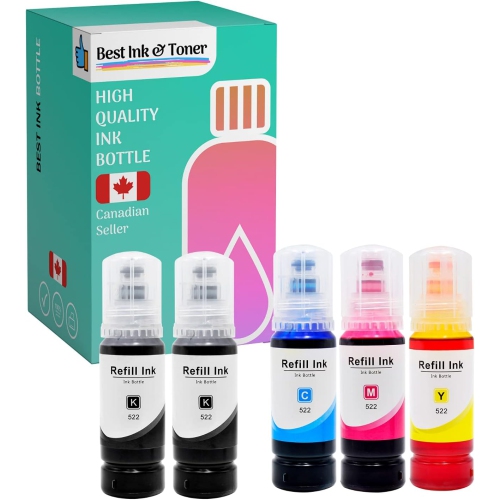INKHOUSE  Bestink Compatible Ink Bottle 5 Pack Replacements for 522 T522 (2 Black, 1 Cyan, 1 Magenta, 1 Yellow, 5-Pack) for Use Inet-2720, Et-2800