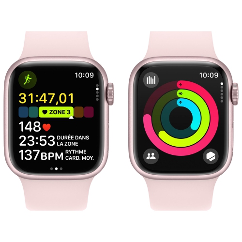 Remis à neuf - Apple Watch Series 9 (GPS) avec boîtier en aluminium rose et bracelet sport rose 41 mm - petit/moyen