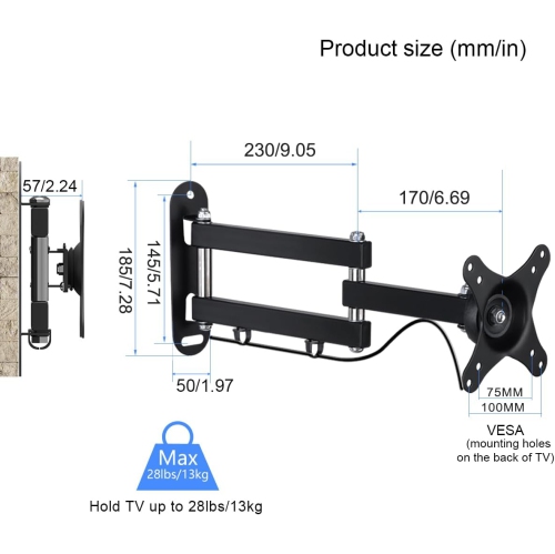 Full Motion Adjustable TV Wall Mount Rotation, Swivel and Tilt TV Arm Bracket for Most 15-32 inch LED, LCD