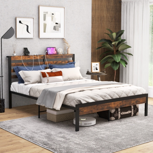 Costway Industrial Metal Platform Bed Frame Charging Station Mattress Foundation