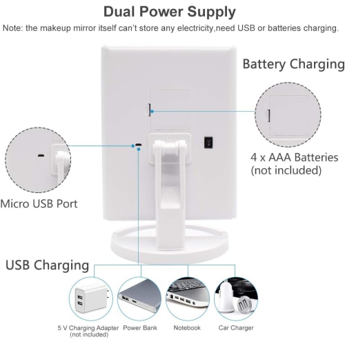 Miroir de maquillage ajustable lumineux à trois volets avec 21 lumières à DEL, noir, grossissement 1x/2x/3x, commande à écran tactile