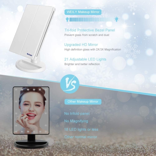 Miroir de maquillage ajustable lumineux à trois volets avec 21 lumières à DEL, noir, grossissement 1x/2x/3x, commande à écran tactile