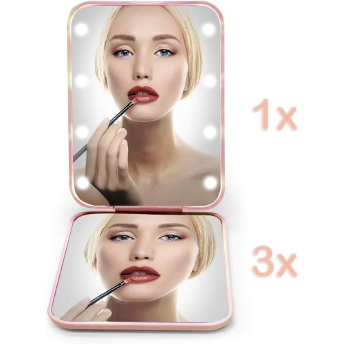 Miroir compact de voyage illuminé à DEL pour maquillage, grossissement 1X/3X, miroir de poche pliable, miroir de poche portatif avec lumière, idéal