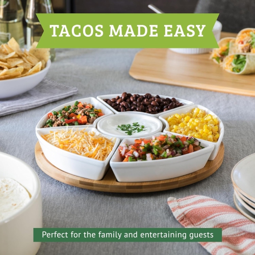Chef Tacos Ceramic Taco Serving Platter - Divided Serving Tray for Taco Tuesday Lazy Susan Taco Bar - Chip and Dip Serving Set for Party - Appetizer