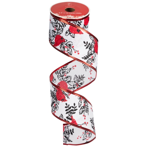 Cardinals with Leaves and Berries Wired Craft Christmas Ribbon 2.5" x 10 Yards