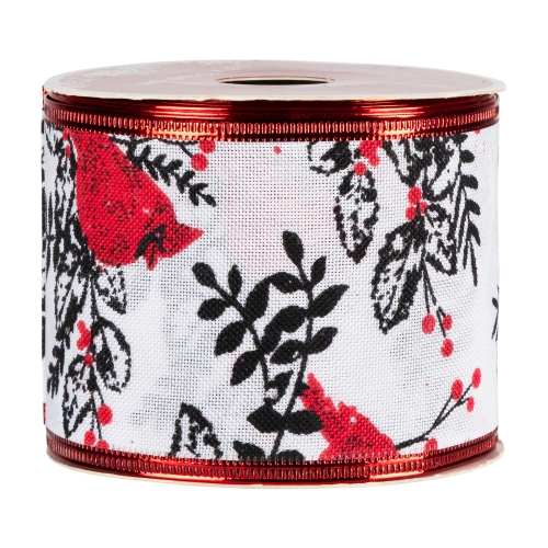 Cardinals with Leaves and Berries Wired Craft Christmas Ribbon 2.5" x 10 Yards