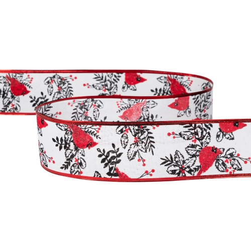 Cardinals with Leaves and Berries Wired Craft Christmas Ribbon 2.5" x 10 Yards