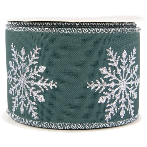 Green with Glitter Snowflakes Wired Craft Christmas Ribbon 2.5" x 10 Yards