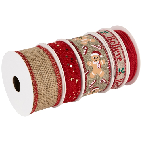 Set of 5 Gingerbread Matching Themed Craft Christmas Ribbons 1.5" x 3 Yards