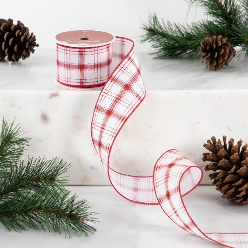 Red and White Plaid Wired Craft Christmas Ribbon 2.5" x 10 Yards