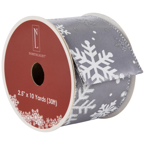 NORTHLIGHT  Gray And Shimmering Snowflakes Wired Craft Christmas Ribbon 2.5" X 10 Yards In White
