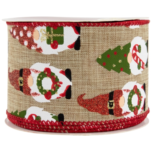 Gnome Burlap Style Wired Craft Christmas Ribbon 2.5" x 10 Yards