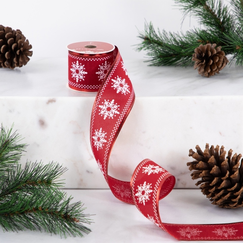 Red and White Snowflake Wired Craft Christmas Ribbon 2.5" x 10 Yards