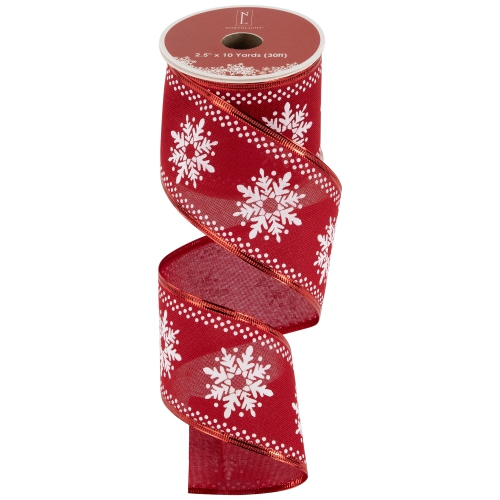 Red and White Snowflake Wired Craft Christmas Ribbon 2.5" x 10 Yards