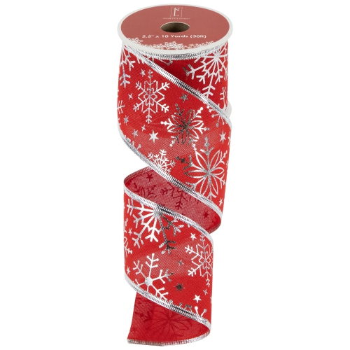 Shimmering Red with Silver Snowflakes Wired Craft Christmas Ribbon 2.5" x 10 Yards