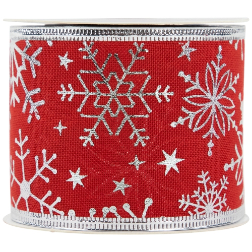 Shimmering Red with Silver Snowflakes Wired Craft Christmas Ribbon 2.5" x 10 Yards