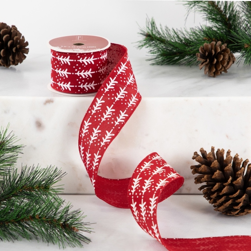 Red and White Christmas Tree Wired Craft Ribbon 2.5" x 10 Yards
