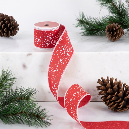 Red and White Stars Wired Craft Christmas Ribbon 2.5" x 10 Yards