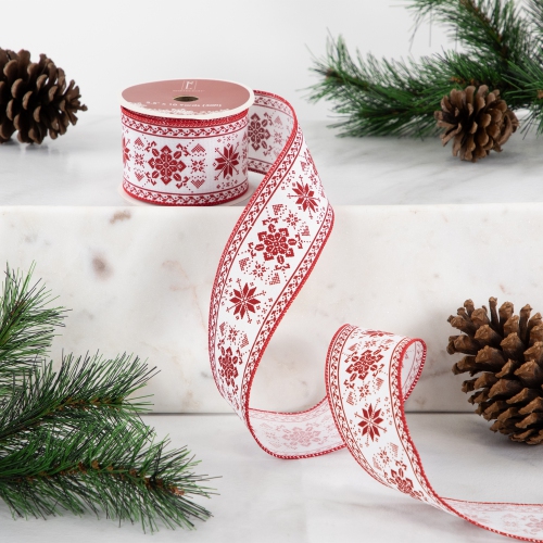 Red and White Knit Pattern Wired Craft Christmas Ribbon 2.5" x 10 Yards