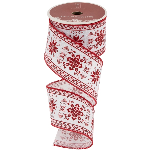 Red and White Knit Pattern Wired Craft Christmas Ribbon 2.5" x 10 Yards