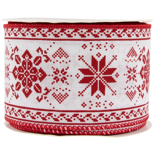 Red and White Knit Pattern Wired Craft Christmas Ribbon 2.5" x 10 Yards