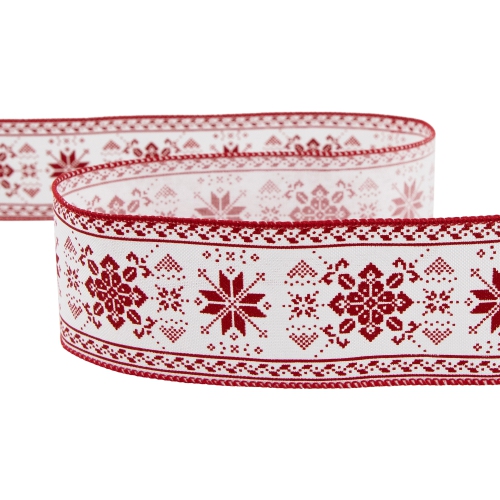 Red and White Knit Pattern Wired Craft Christmas Ribbon 2.5" x 10 Yards