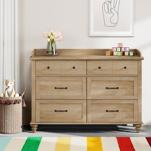 WAMPAT Dresser for Bedroom with 6 Drawers, Kids Dressers with Wide Chest of Drawers for Living Room, Nursery, Hallway, Rustic Oak