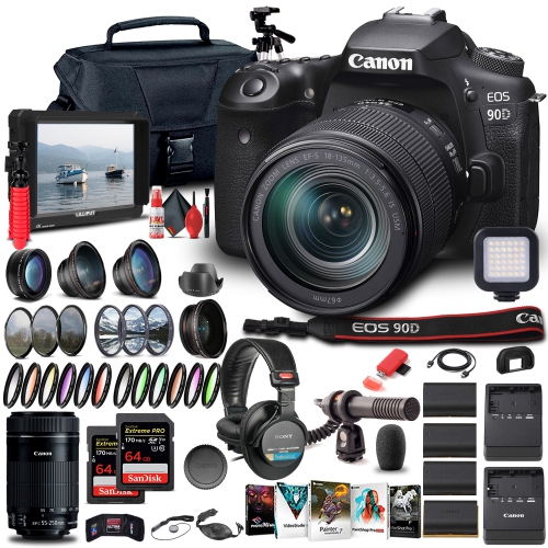 Canon EOS 90D Camera W/ 18-135mm and Canon EF-S 55-250mm Lenses - Pro Bundle