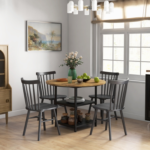 HOMCOM Round Dining Table for 4-6 People, 39.4 Inch Industrial Kitchen Table with Storage Shelves for Dining Room, Rustic Brown