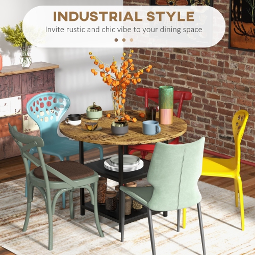 HOMCOM Round Dining Table for 4-6 People, 39.4 Inch Industrial Kitchen Table with Storage Shelves for Dining Room, Rustic Brown
