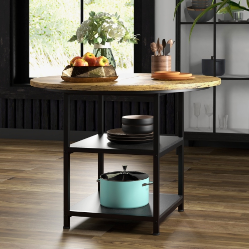 HOMCOM Round Dining Table for 4-6 People, 39.4 Inch Industrial Kitchen Table with Storage Shelves for Dining Room, Rustic Brown