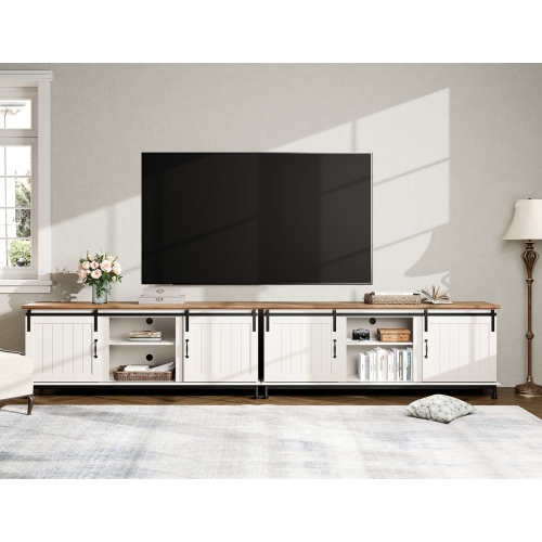 Meuble audio-vidéo WAMPAT 130 po avec porte de grange coulissante pour  téléviseur jusqu'à 110 po, armoire de rangement de table en bois pour  salon, blanc