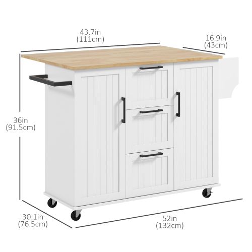 HOMCOM – îlot de cuisine avec abattant, chariot de cuisine sur roulettes à 3 tiroirs, 2 armoires, dessus en bois naturel, support à épices et support