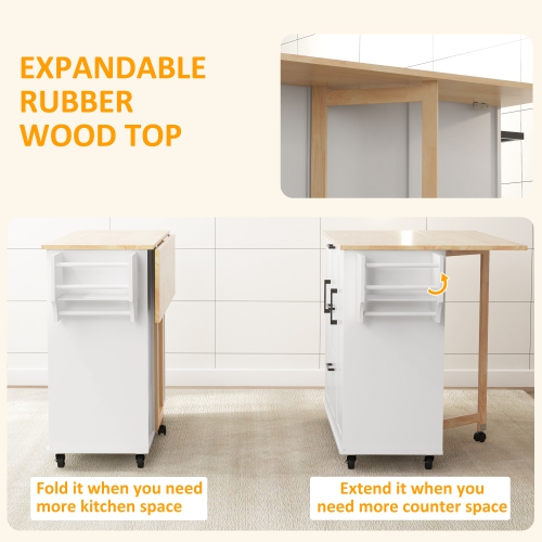 HOMCOM – îlot de cuisine avec abattant, chariot de cuisine sur roulettes à 3 tiroirs, 2 armoires, dessus en bois naturel, support à épices et support