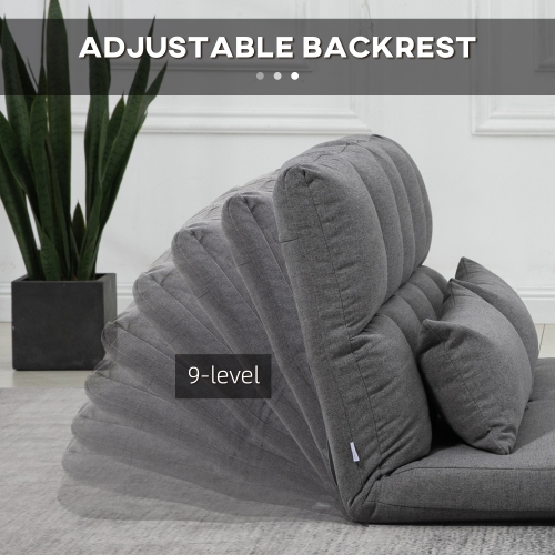 HOMCOM 51" Folding Floor Sofa, Foldable 2-Seater Lazy Sofa Sleeper Bed, Adjustable Linen Floor Couch with 9-position Backrest, 2 Pillows and Wide