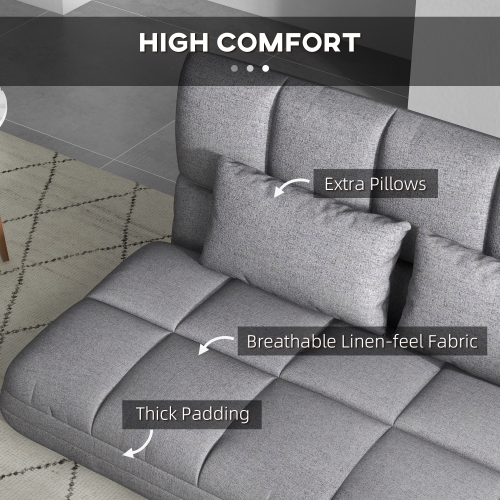 HOMCOM 51" Folding Floor Sofa, Foldable 2-Seater Lazy Sofa Sleeper Bed, Adjustable Linen Floor Couch with 9-position Backrest, 2 Pillows and Wide