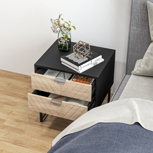 HOMCOM Modern Bedside Table with 2 Drawers, Nightstand with Metal Base, Sofa End Table for Bedroom, Black