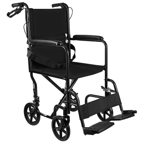Lightweight Wheelchair with Brakes and 8" Rear Wheel, Foldable Steel Transport Chair with Swing Away Footrests and Support Up to 220 Lbs