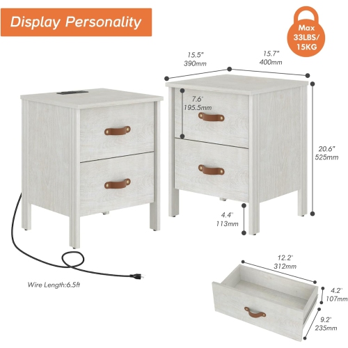 WAMPAT Set of 2 End Table with Charging Station, Wood Nightstands with 2 Drawers, Modern Side Tables Living Room Set of 2, White