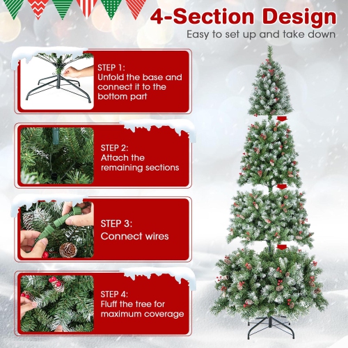 Gymax 7.5 FT Pre-Lit Christmas Tree Artificial Hinged Christmas Tree w/ 560 Warm-White LED Lights