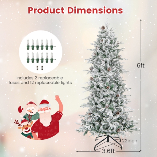 Gymax 6 FT Pre-Lit Artificial Christmas Tree Snow-Flocked Hinged Xmas Tree