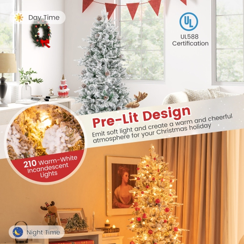 Gymax 6 FT Pre-Lit Artificial Christmas Tree Snow-Flocked Hinged Xmas Tree