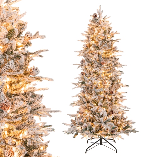Gymax 6 FT Pre-Lit Artificial Christmas Tree Snow-Flocked Hinged Xmas Tree