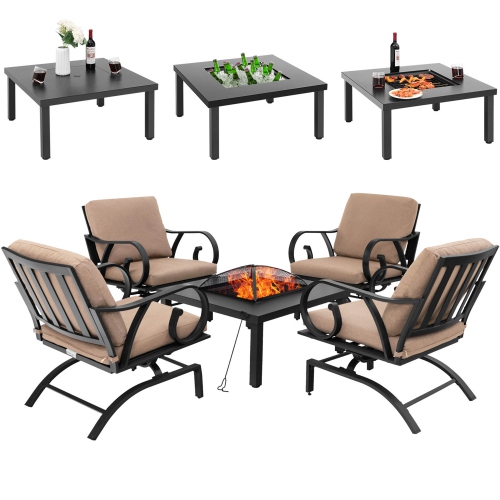 GYMAX  5PCs Cushioned Patio Dining Set Heavy-Duty Rocking Chairs With 4-In-1 Fire Pit Table