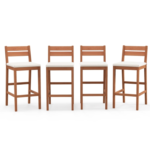 GYMAX  Patio Eucalyptus Wood Bar Stools Set Of 4 Outdoor Bar Height Patio Chairs W/ Cushions