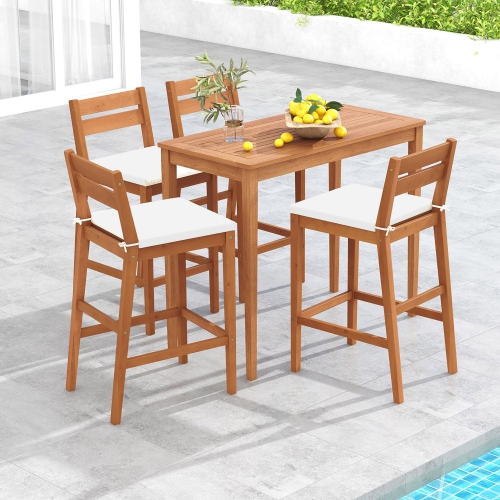 Gymax Patio Eucalyptus Wood Bar Stools Set of 4 Outdoor Bar Height Patio Chairs w/ Cushions