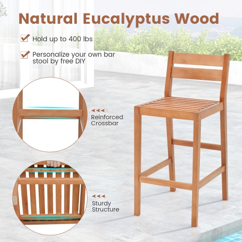 Gymax Patio Eucalyptus Wood Bar Stools Set of 4 Outdoor Bar Height Patio Chairs w/ Cushions