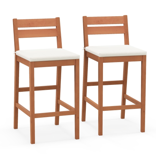 GYMAX  Patio Eucalyptus Wood Bar Stools Set Of 2 Outdoor Bar Height Patio Chairs W/ Cushions